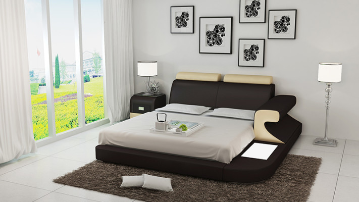 Diseño de cama doble tapizada moderna con USB y estante 180x200cm.
