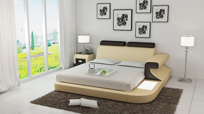 Diseño de cama doble tapizada moderna con USB y estante 180x200cm.
