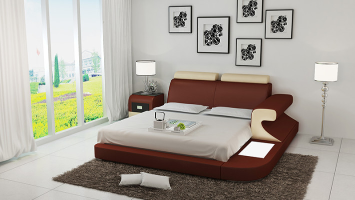 Diseño de cama doble tapizada moderna con USB y estante 180x200cm.