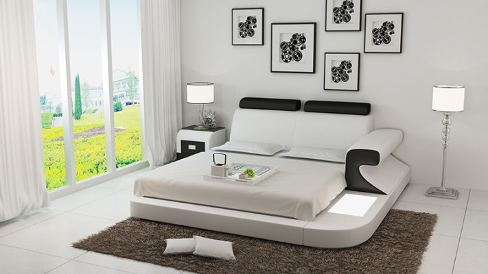Diseño de cama doble tapizada moderna con USB y estante 180x200cm.