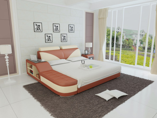 Diseño de cama doble acolchada moderna para dormitorio con USB y estante de 140x200 cm.
