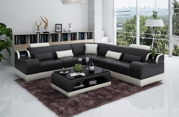 Sofá de esquina en forma de L Salon Mesa de diseñador Sofá Sofá de cuero de tapicería en forma de L