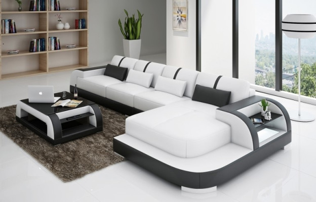 Sofá de cuero sofá de esquina sofá de esquina tapizado asiento esquina conjunto paisaje Wohnlandschaft H4 Blanco LED