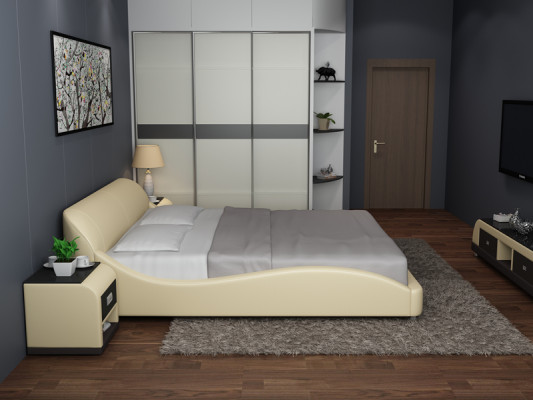 Diseño de cama doble acolchada moderna para dormitorio con USB y estante 200x210 cm.