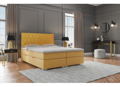 Cama doble de lujo de hotel con somier con caja de almacenamiento tapizado amarillo de terciopelo