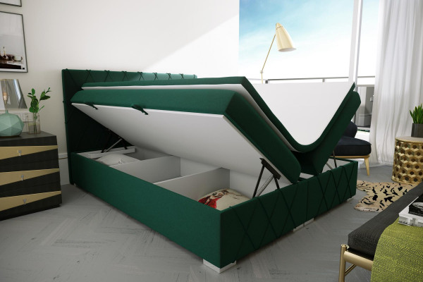 Cama con somier tapizado doble de hotel de lujo con caja de almacenamiento de tela y función de tapizado.