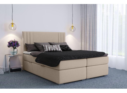 Cama doble de hotel de lujo beige con caja con función de caja de lino.
