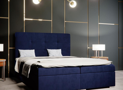 Cama Boxspring azul de hotel doble de lujo con función de caja de almacenamiento acolchada, nuevo.