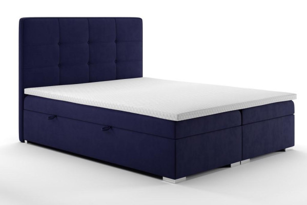 Cama Boxspring azul de hotel doble de lujo con función de caja de almacenamiento acolchada, nuevo.