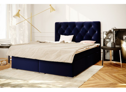 Cama doble de hotel Boxspring azul textil de lujo con función de caja de almacenamiento de camas acolchadas.