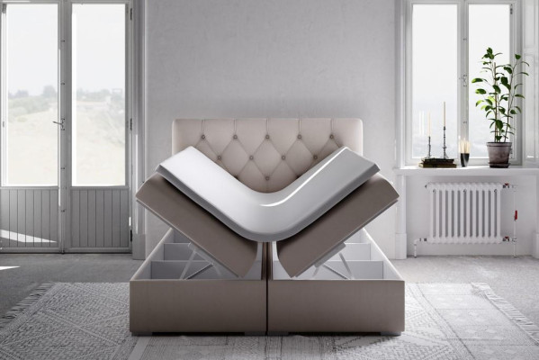 Cama doble de hotel Boxspring azul textil de lujo con función de caja de almacenamiento de camas acolchadas.