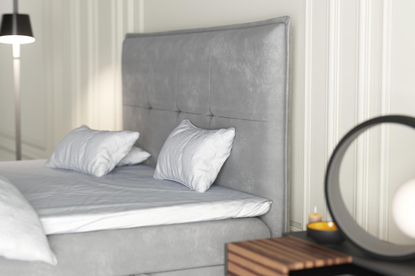 Cama de muelles con somier tapizado doble de hotel en tela gris de lujo con función de cajón de almacenamiento.