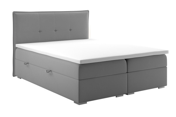 Cama de muelles con somier tapizado doble de hotel en tela gris de lujo con función de cajón de almacenamiento.