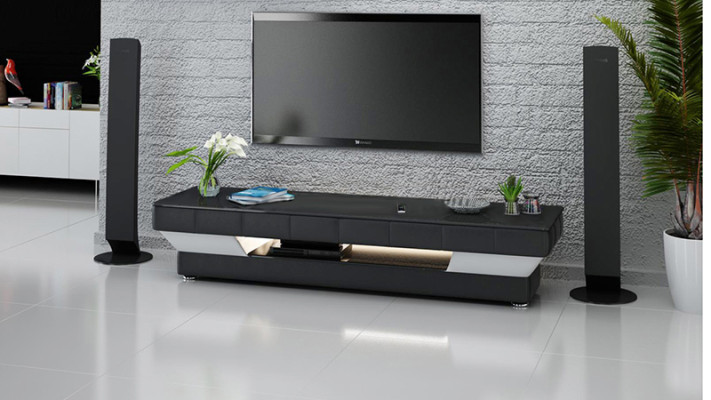 RTV Mueble de televisión de cuero y vidrio. Mesa de televisión. Armario bajo. Modelo J.
