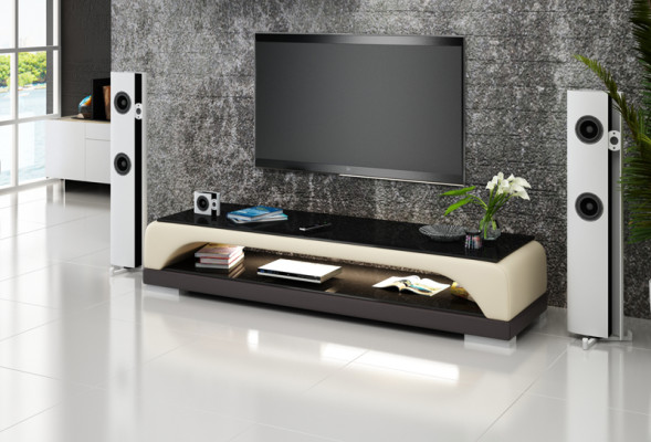 RTV Mueble de televisión de cuero y vidrio, mesa de televisor, mesa de diseñador y decoración.