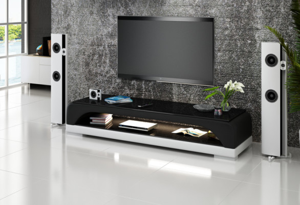 RTV Mueble de televisión de cuero y vidrio, mesa de televisor, mesa de diseñador y decoración.