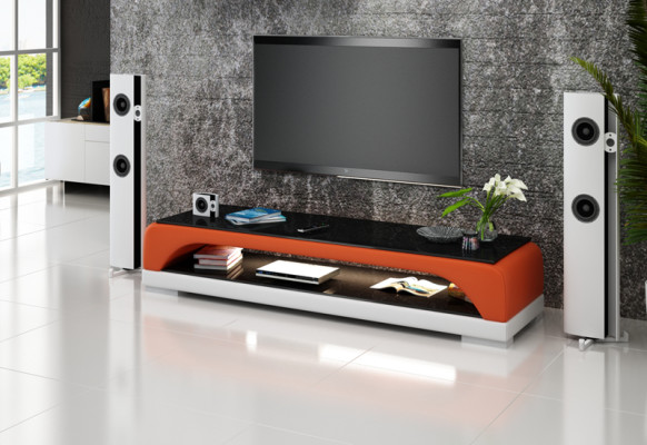 RTV Mueble de televisión de cuero y vidrio, mesa de televisor, mesa de diseñador y decoración.