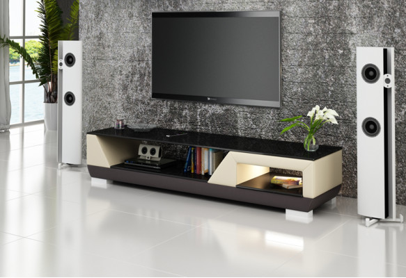 Mueble para televisión RTV de cuero con decoración de vidrio, mesa de diseñador para armario de televisión.