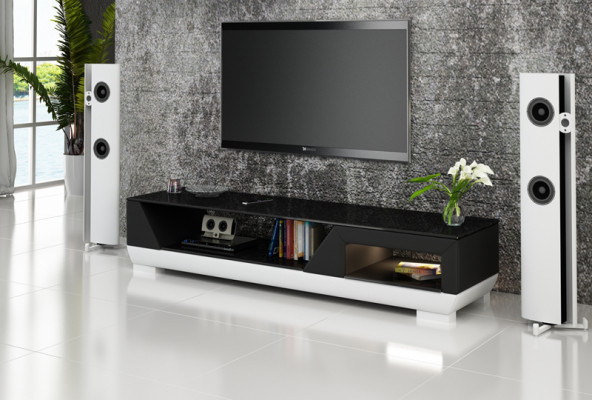 Mueble para televisión RTV de cuero con decoración de vidrio, mesa de diseñador para armario de televisión.