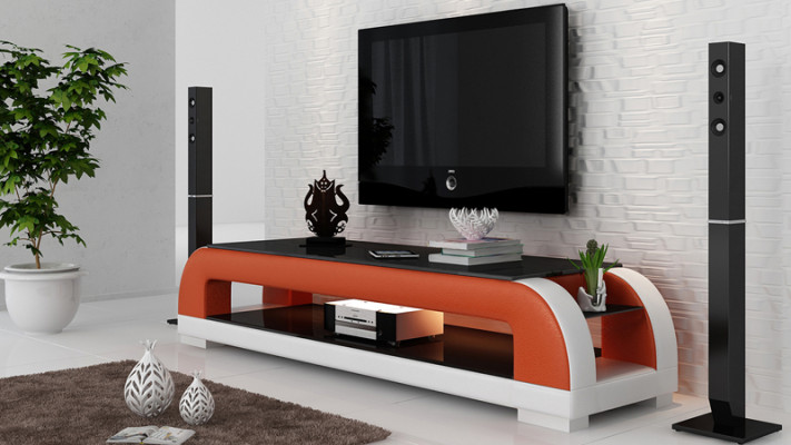 Mueble de televisión RTV con decoración de cuero, cristal, mesa, mesa y gabinete de televisión de diseñador.