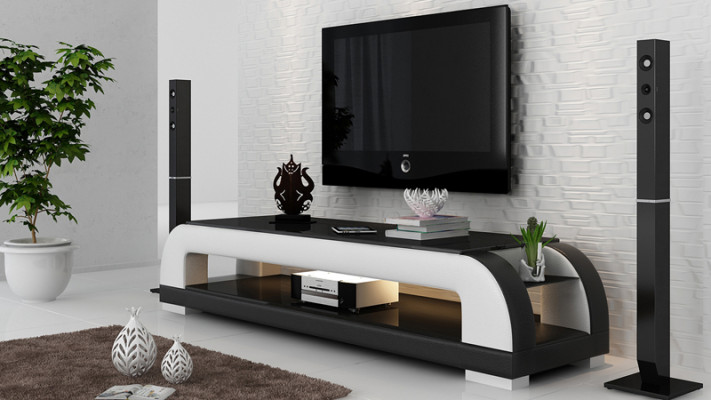 Mueble de televisión RTV con decoración de cuero, cristal, mesa, mesa y gabinete de televisión de diseñador.