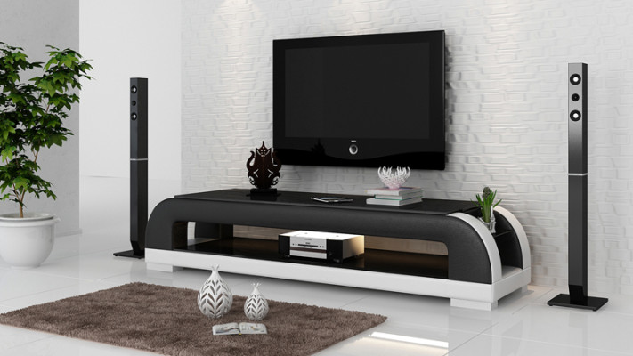 Mueble de televisión RTV con decoración de cuero, cristal, mesa, mesa y gabinete de televisión de diseñador.