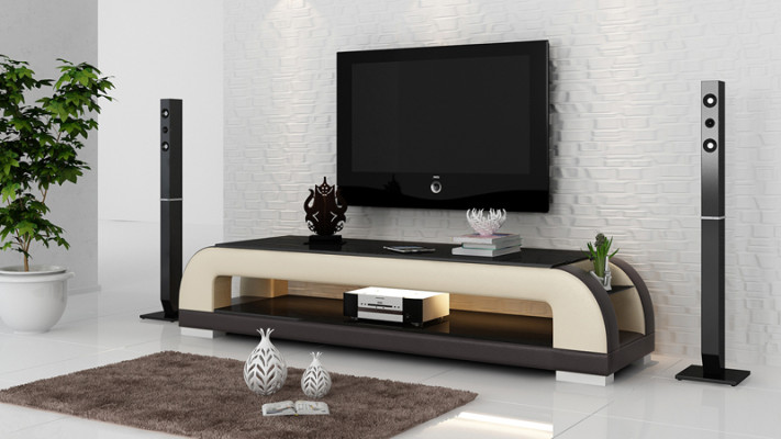 Mueble de televisión RTV con decoración de cuero, cristal, mesa, mesa y gabinete de televisión de diseñador.
