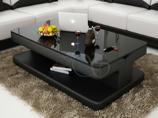 Mesa de centro de diseño, mesa acolchada de cuero y vidrio. Mesas de vidrio modernas.