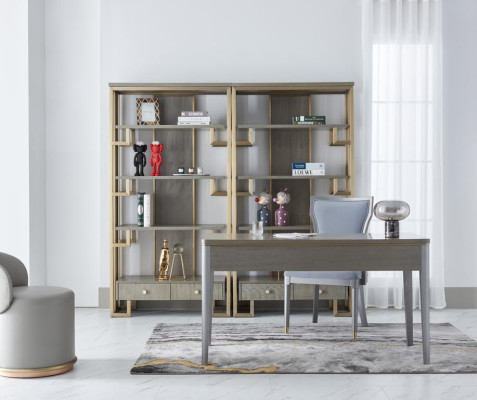 Diseño de oficina en Dubai, estilo de lujo, muebles, escritorio, vitrina, silla.