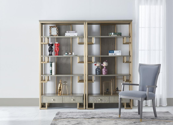 Diseño de oficina en Dubai, estilo de lujo, muebles, escritorio, vitrina, silla.
