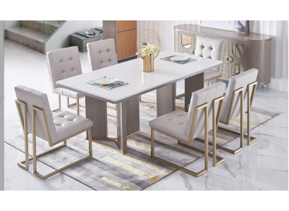 Conjunto de sillas de comedor de diseñador de metal y tela, 6 sillas de salón.