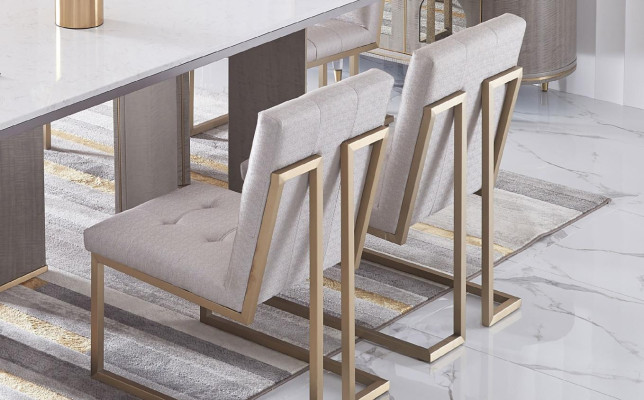 Conjunto de sillas de comedor de diseñador de metal y tela, 6 sillas de salón.