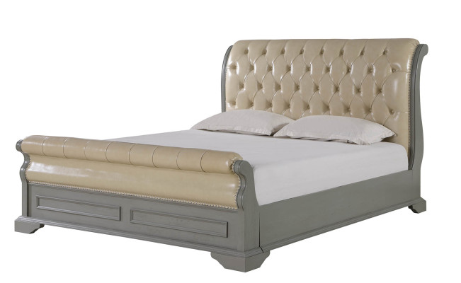 Cama doble de diseño Chesterfield en gris 180x200, cama tapizada de cuero.