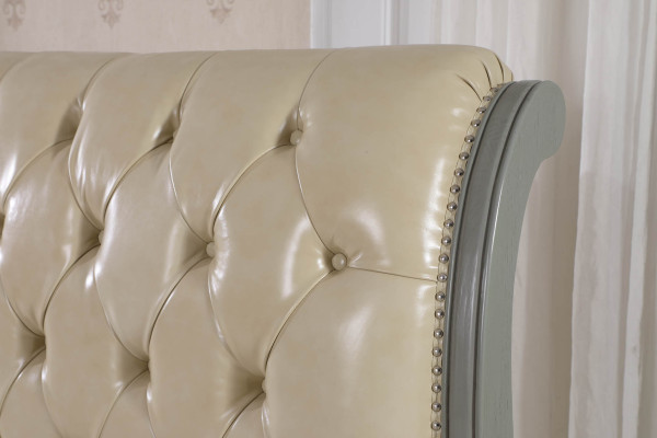 Cama doble de diseño Chesterfield en gris 180x200, cama tapizada de cuero.