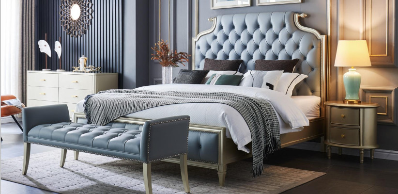 Una cama de diseñador de alta calidad en estilo Chesterfield para tu dormitorio.