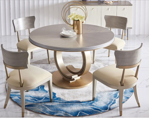 Mesa de comedor de diseño de lujo, mesa de comedor tapizada de madera de acero inoxidable redonda.