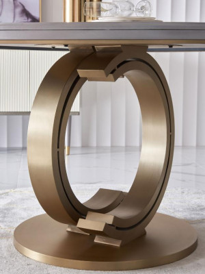 Mesa de comedor de diseño de lujo, mesa de comedor tapizada de madera de acero inoxidable redonda.