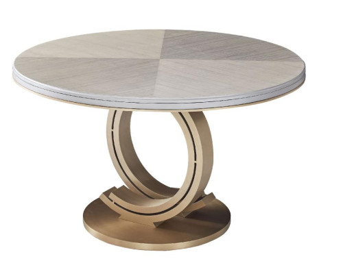 Mesa de comedor de diseño de lujo, mesa de comedor tapizada de madera de acero inoxidable redonda.