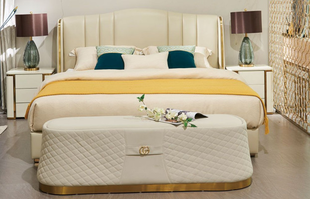 Cama Cama tapizada Diseño de dormitorio de lujo Camas Textil Cuero Estructura de cama
