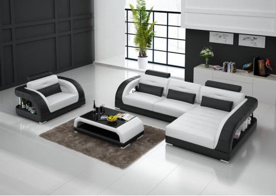 Sofá de cuero Chaise longue en forma de L Sofá esquinero + sillón Nuevo conjunto Sofá de diseño con USB