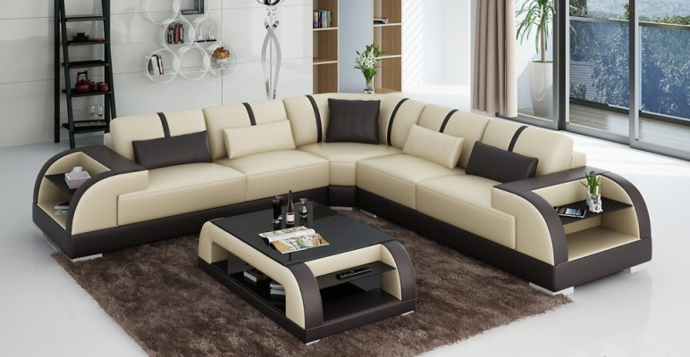 Diseño de esquina Sofá de cuero Sofá Tapizado Conjunto de salón L Forma Moderna Beige