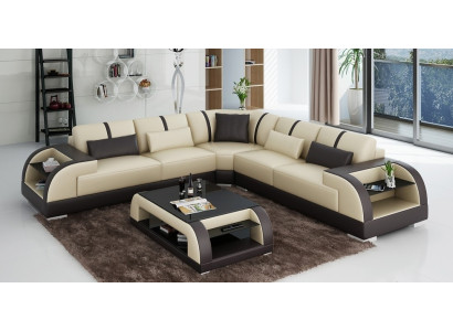Diseño de esquina Sofá de cuero Sofá Tapizado Conjunto de salón L Forma Moderna Beige