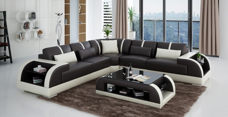 Diseño de esquina Sofá de cuero Sofá Tapizado Conjunto de salón L Forma Moderna Beige