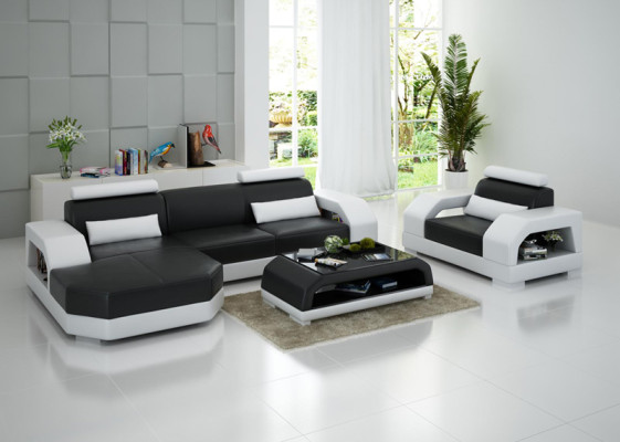 Sofá de cuero Sofá de esquina Sofá de diseño moderno con puerto USB + sillón conjunto de muebles.