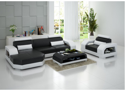 Sofá de cuero Sofá de esquina Sofá de diseño moderno con puerto USB + sillón conjunto de muebles.