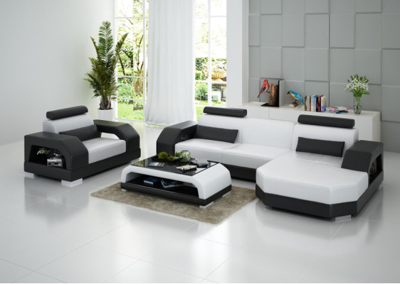 Sofá de cuero Sofá de esquina Sofá de diseño moderno con puerto USB + sillón conjunto de muebles.