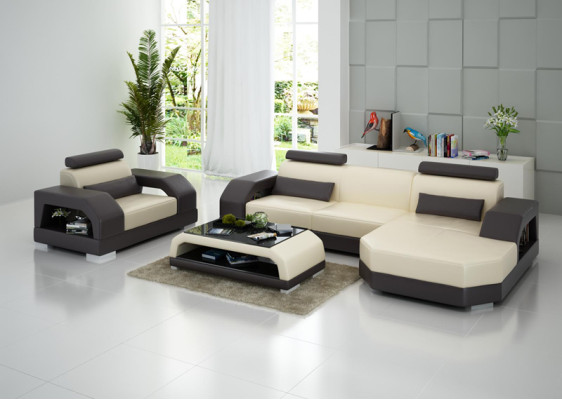 Sofá de cuero Sofá de esquina Sofá de diseño moderno con puerto USB + sillón conjunto de muebles.