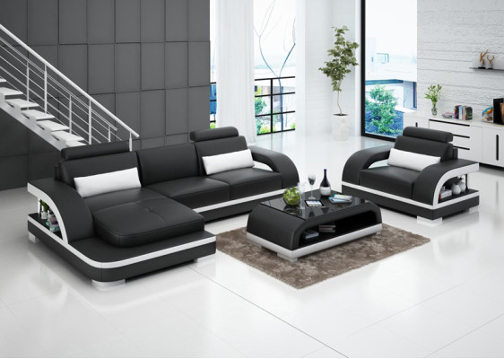 Sofá de cuero conjunto de sofá modular esquinero + sillón moderno con iluminación LED y puerto USB.