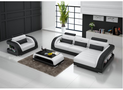 Sofá de cuero Sofá Sofá de esquina + Sillón Nuevo Conjunto de diseño de salón
