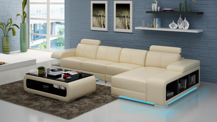 Sofá moderno en forma de L de cuero en un hermoso estilo de diseño moderno.